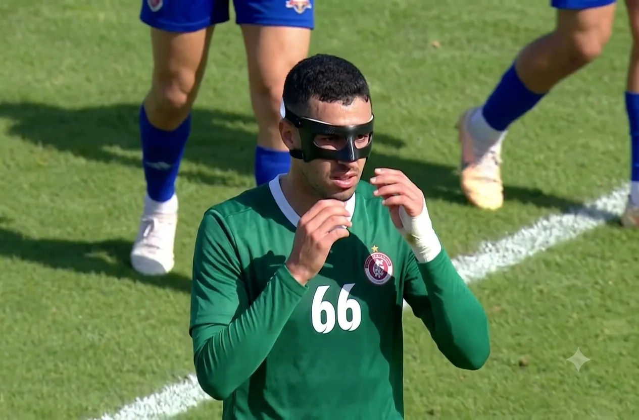 Soccer player wearing custom face mask in game